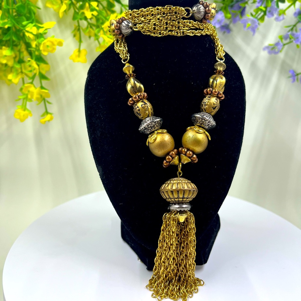 Casual Corner Signed Long Tassel Necklace with 4 Leaf Clovers